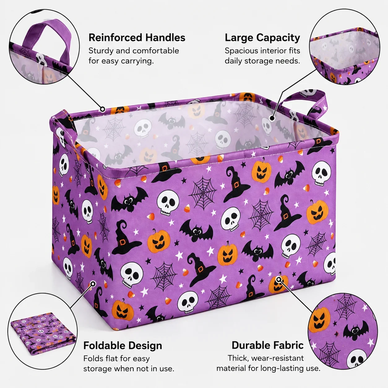 Halloween-Aufbewahrungskorb, Großer Faltbarer Spielzeug-Aufbewahrungskorb mit Griff, Multifunktionaler Canvas-Kleideraufbewahrungskorb – Detail 3
