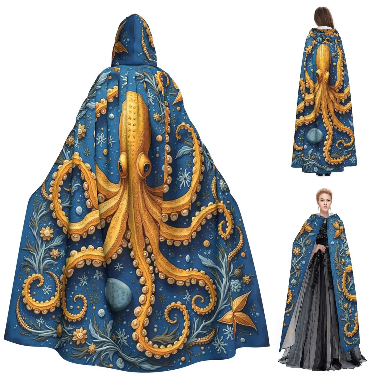 Capa larga con capucha y marco de tentáculos de pulpo, disfraz Medieval de bruja, capa de Cosplay, Halloween, vampiro, adulto, Unisex