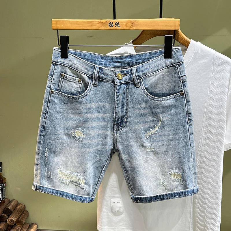 

Summer Designer Fashion Men Jeans Retro Blue Stretch Slim Fit Short Ripped Jeans Hombre Patched Vintage Casual Denim Shorts Men