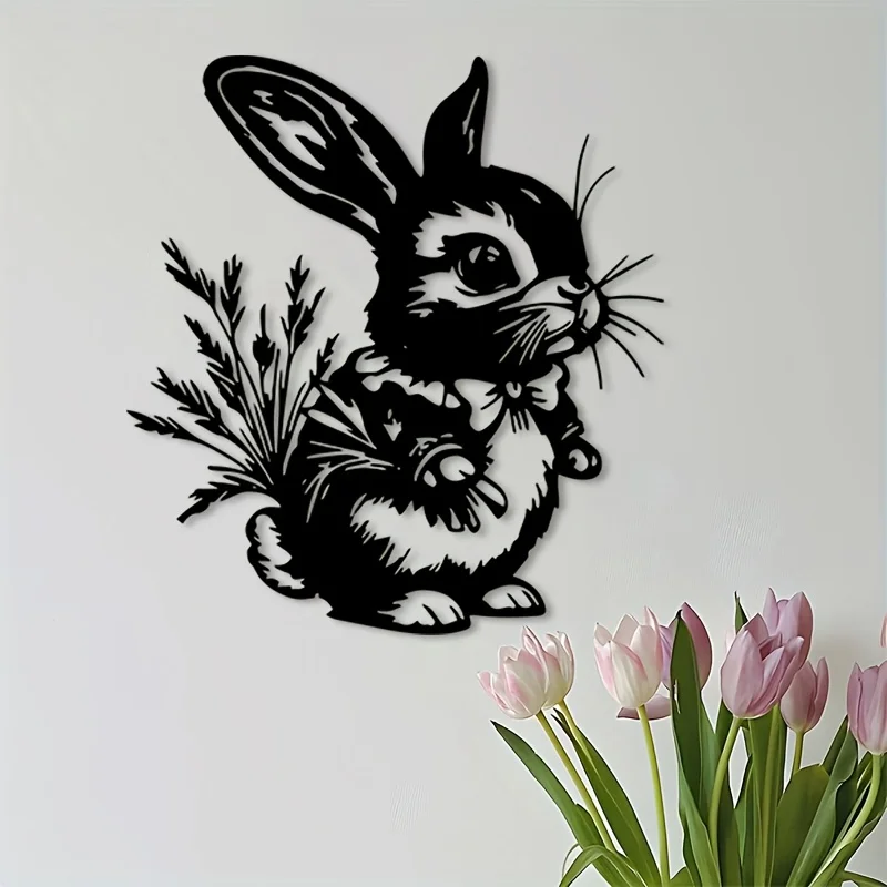 2D Flat Rabbit Flower Iron Metal Wall Art, Garden Wall Decor for Outdoor Patio Yard, Home Gift