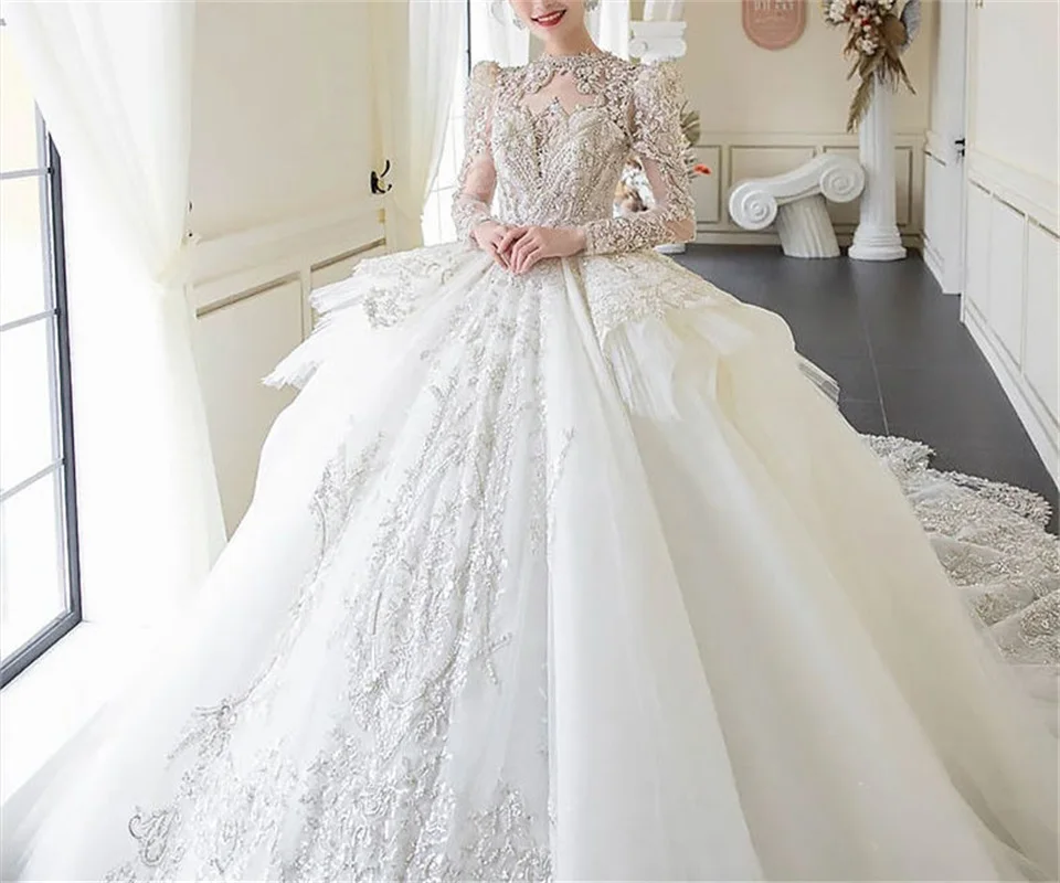 Dubai arábia gola alta mangas completas vestido de casamento vestido de baile luxruy cristal vestidos de noiva lantejoulas pérolas igreja robe de mariée