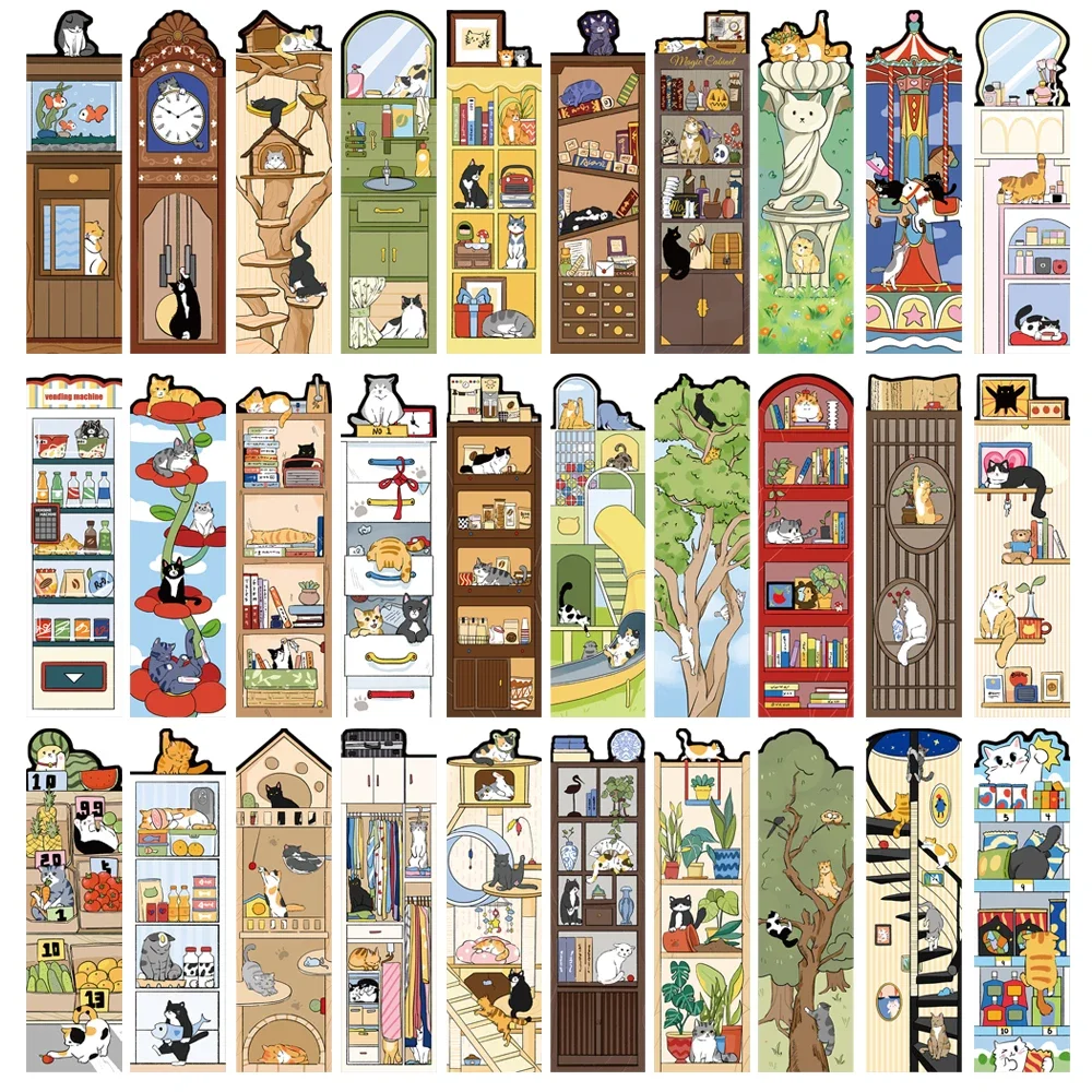 30PCS Cartoon Cat World Bookmark Card Reading Laptop Luggage Waterproof Graduation Students Graffiti Stationery Pages Bookmarks