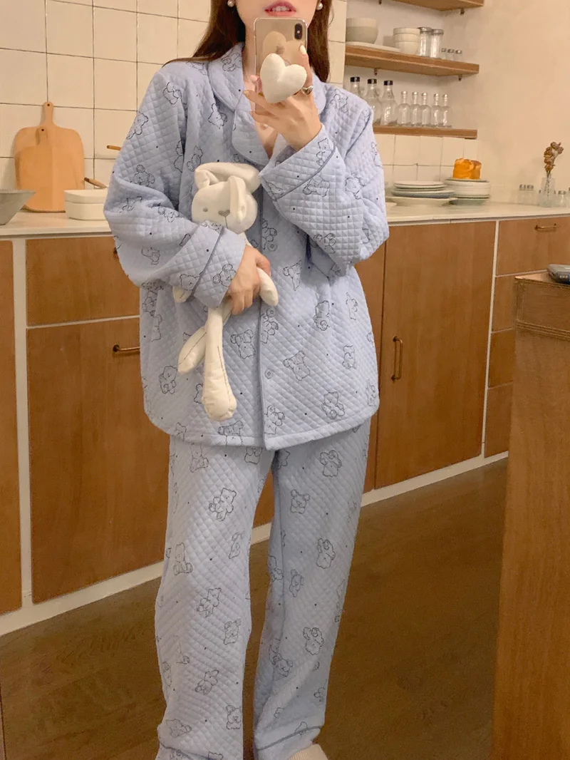 Lover Quilted Thicken Cartoon Bear Winter Long Sleeve Pajama Set Women Loose New Elegant Casual Pattern Simple Sleepwear Ins