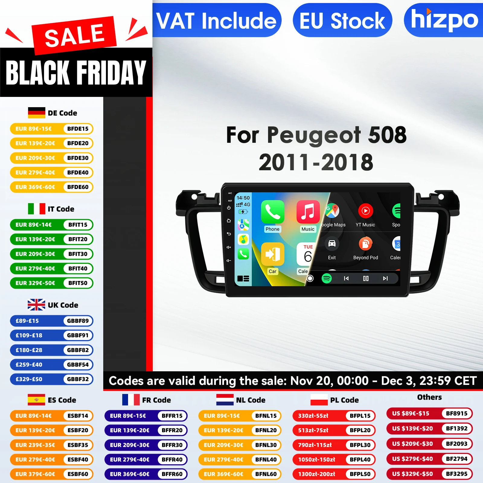Hizpo 2 Din Radio de coche para Peugeot 508 508SW 2011-2018 reproductor Multimedia de Audio Android Auto GPS Carplay WIFI FM RDS Autoradio AI