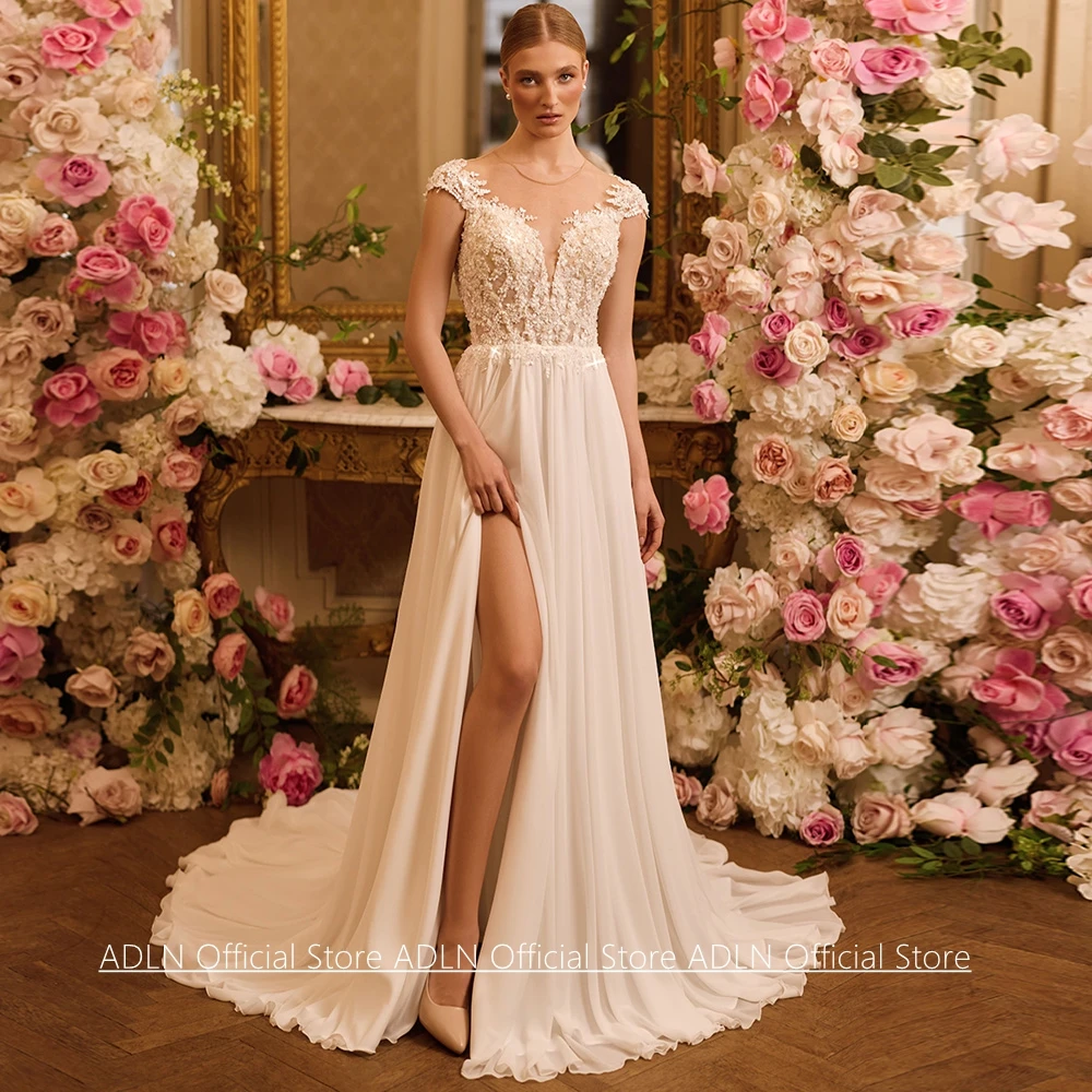 Customized Wedding Dress Robe De Mariee Fashion Cap Sleeve Sheer O Neck Beading Applique Split Sweep Train Bride Dresses