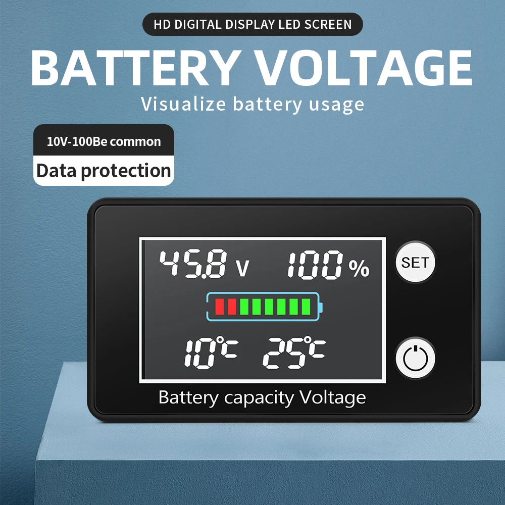 Battery Capacity Indicator DC 10V-100V Lead Acid Lithium LiFePO4 Car Motorcycle Battery Voltage Gauge with Temperature Control