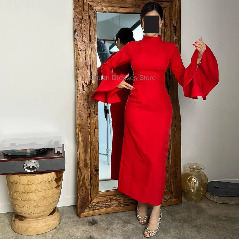 

Red Flare Sleeves Jersey Evening Dress High Neckline Ankle Length Formal Party Gowns Straight Prom Dress Saudi Arabia 2024