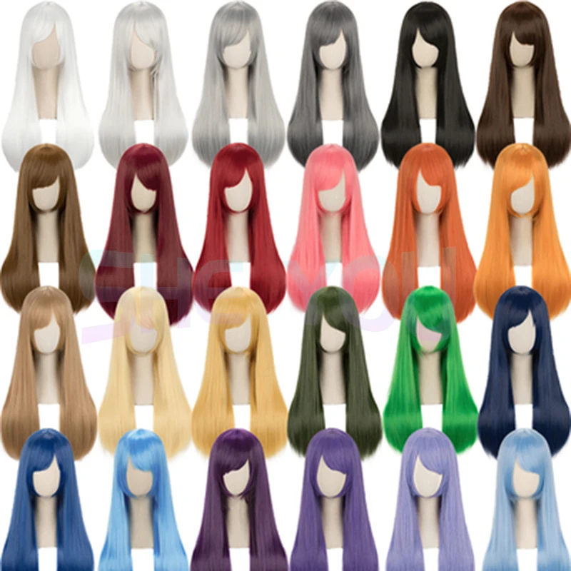 60cm Long Straight Cosplay Wig Heat Resistant Synthetic Hair Anime Party Lolita 48 Colors Colourful Solid Color Wigs + Wig Cap