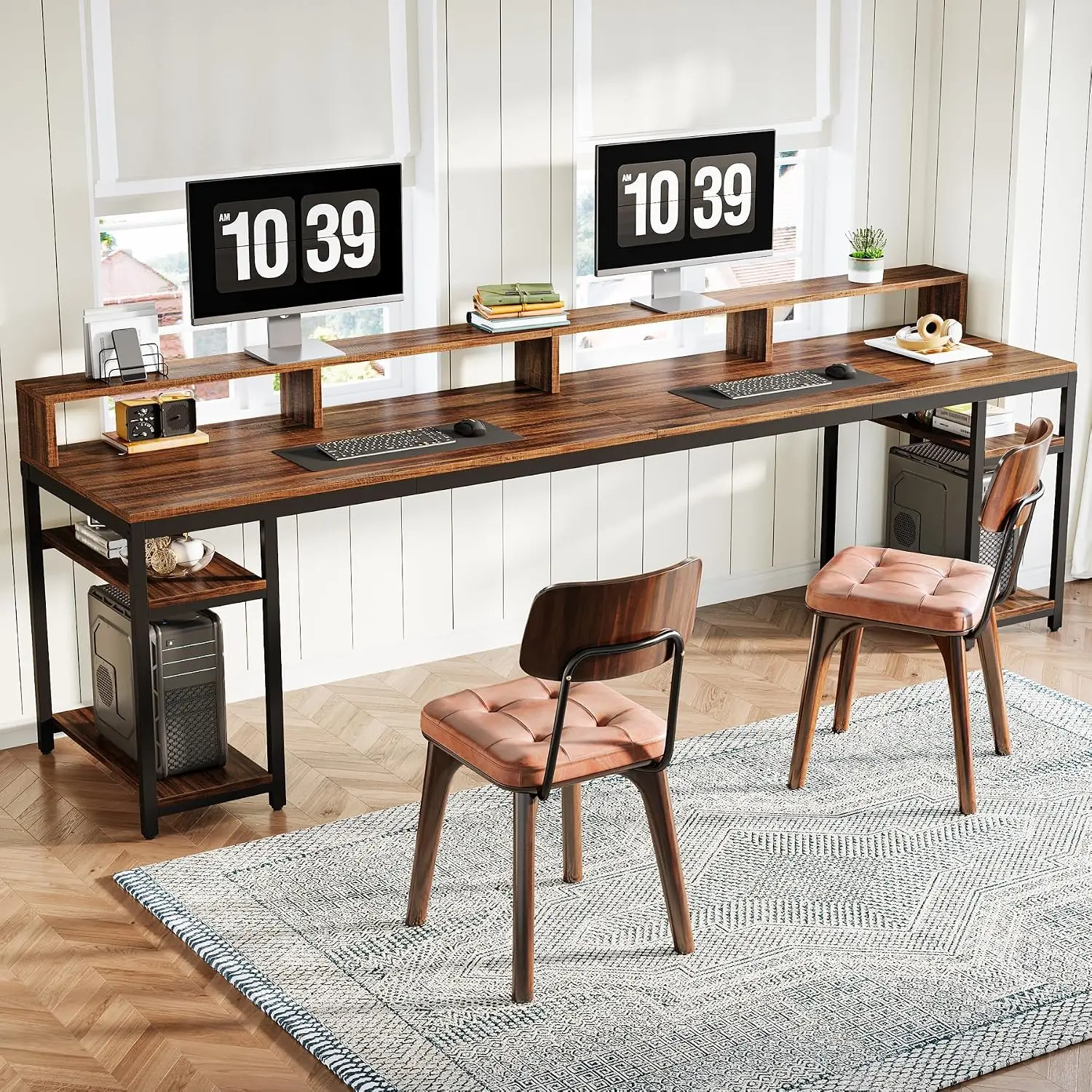 Extra Long Two-Person Desk with Monitor Stand & Storage Shelves, Study Work Table for Home Office, 78.74 Inches, Customized