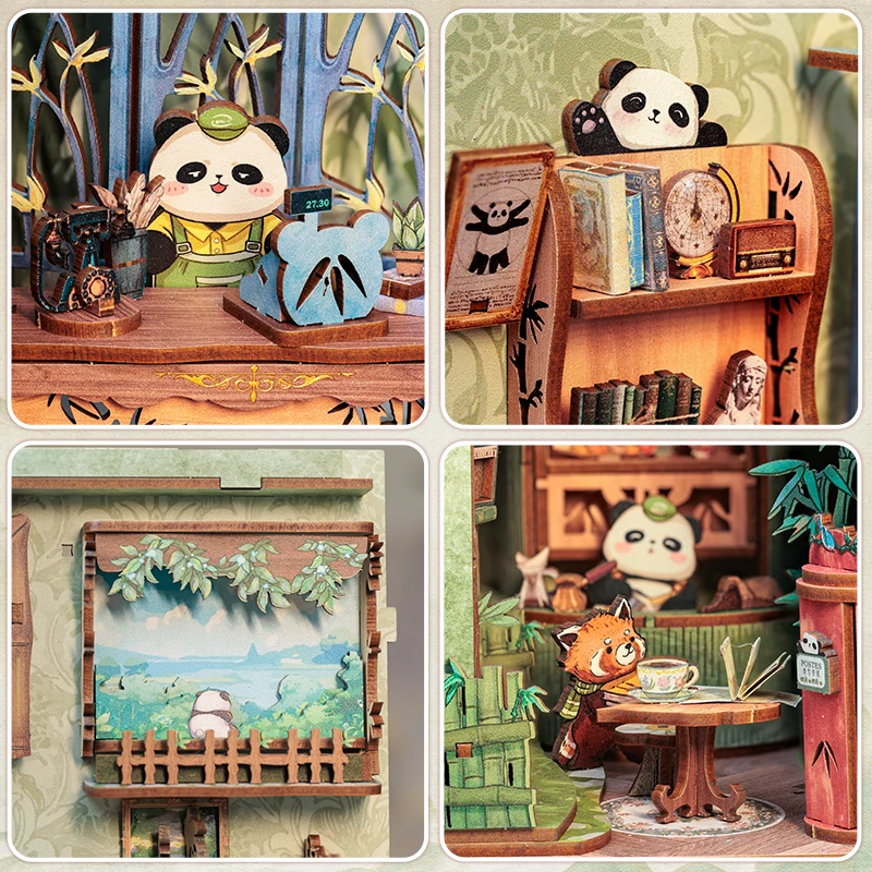 Cutebee diy livro nook kit bonito panda livraria casa de bonecas em miniatura com luz capa poeira estante inserção para artesanato presente aniversário