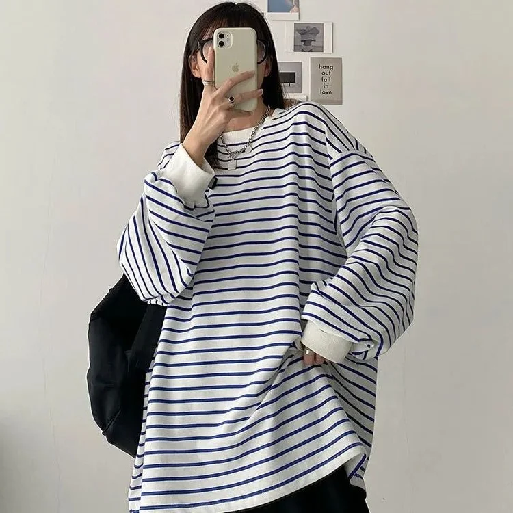 

plus Size Women's Casual Striped Sweatirt Spring Thin Lazy Sle BF Sle T-irt Top Trendy Loose Fit Large Size Clothing