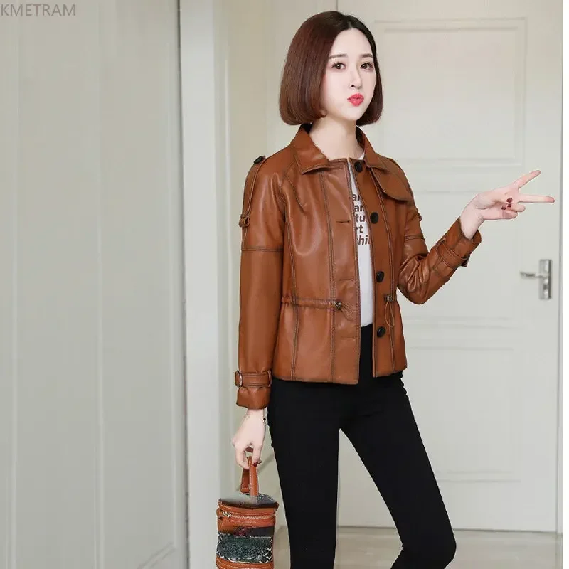 New Genuine Leather Jacket Women Short Real Sheepskin Leather Coat Waist Slim Korean Leather Jackets Square Collar Streetwear