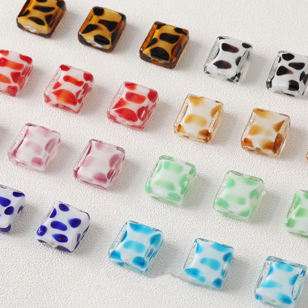 4PCS Rectangular Retro Cow Leopard Autumn Winter Style Straight Hole Glaze Beads DIY Making Earrings Material Accessories