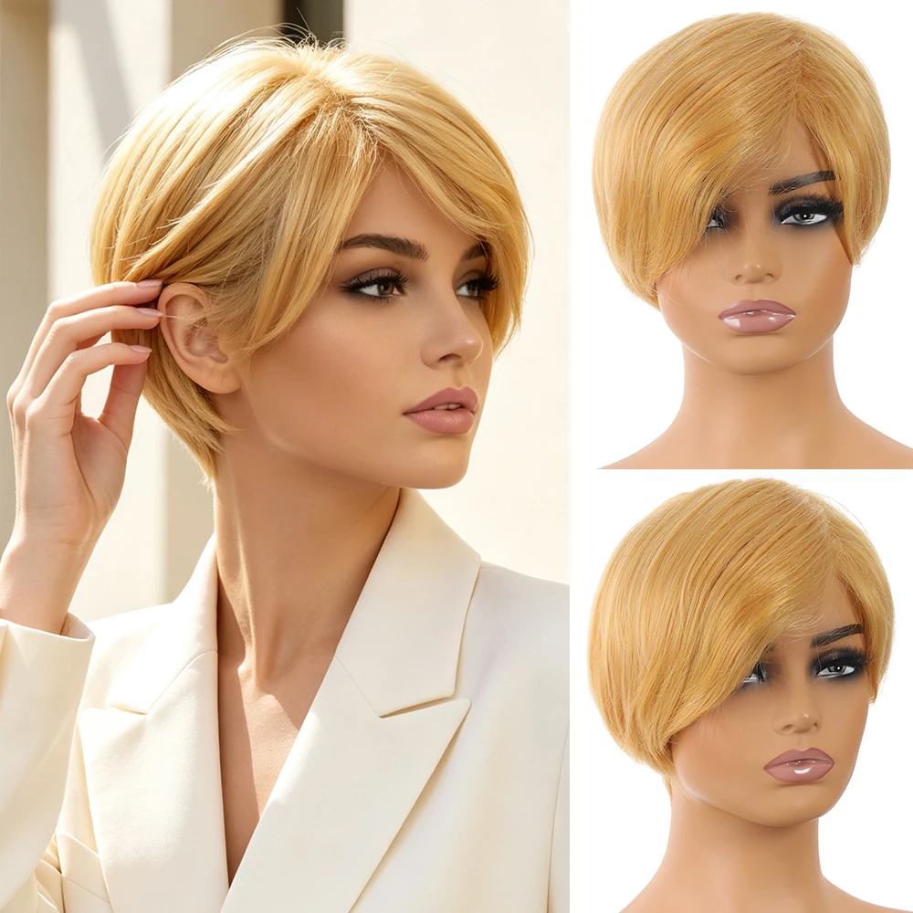 6 Inch Layered Wavy Synthetic Pixie Cut Wigs For Women, yellow Short Wig With Bangs, Glueless Pre Plucked Natural