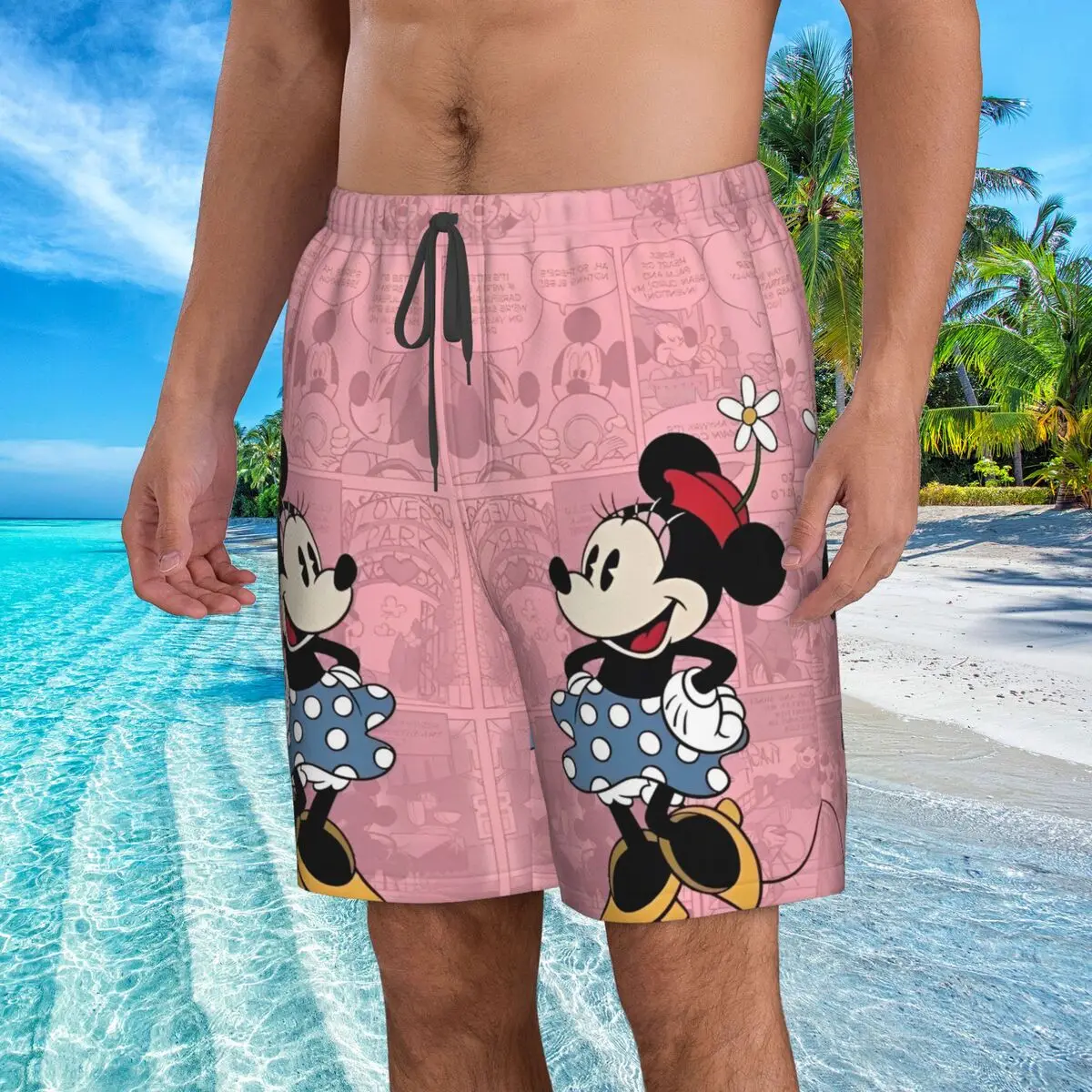 Mens Mickey And Minnie Cartoon Swim Trunks Quick Dry Board Shorts with Mesh Lining Hawaii Beach Shorts Swimwear Bathing Suits