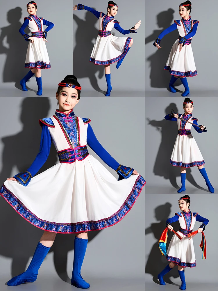 

New Children's Mongolian Dance Performance Costume Ethnic Mongolian Girls' National Robe Dance White Outfit Summer