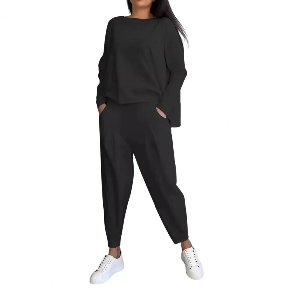 2 Pcs/Set Women Outfit Top Pants Set Long Sleeves T-shirt Elastic Waist Harem Trousers with Pockets Sport Pantsuit Outfit