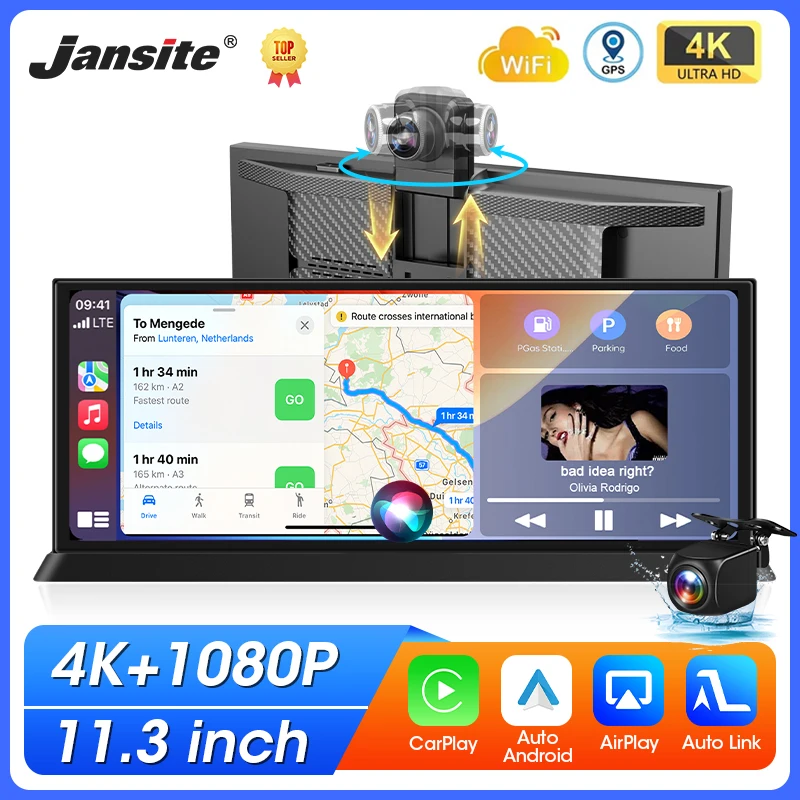 11.3 inch Car DVR 4K 360° Rotating Camera Wireless Carplay Android Auto Dash Cam Dashboard Video Recorder Bluetooth FM AUX