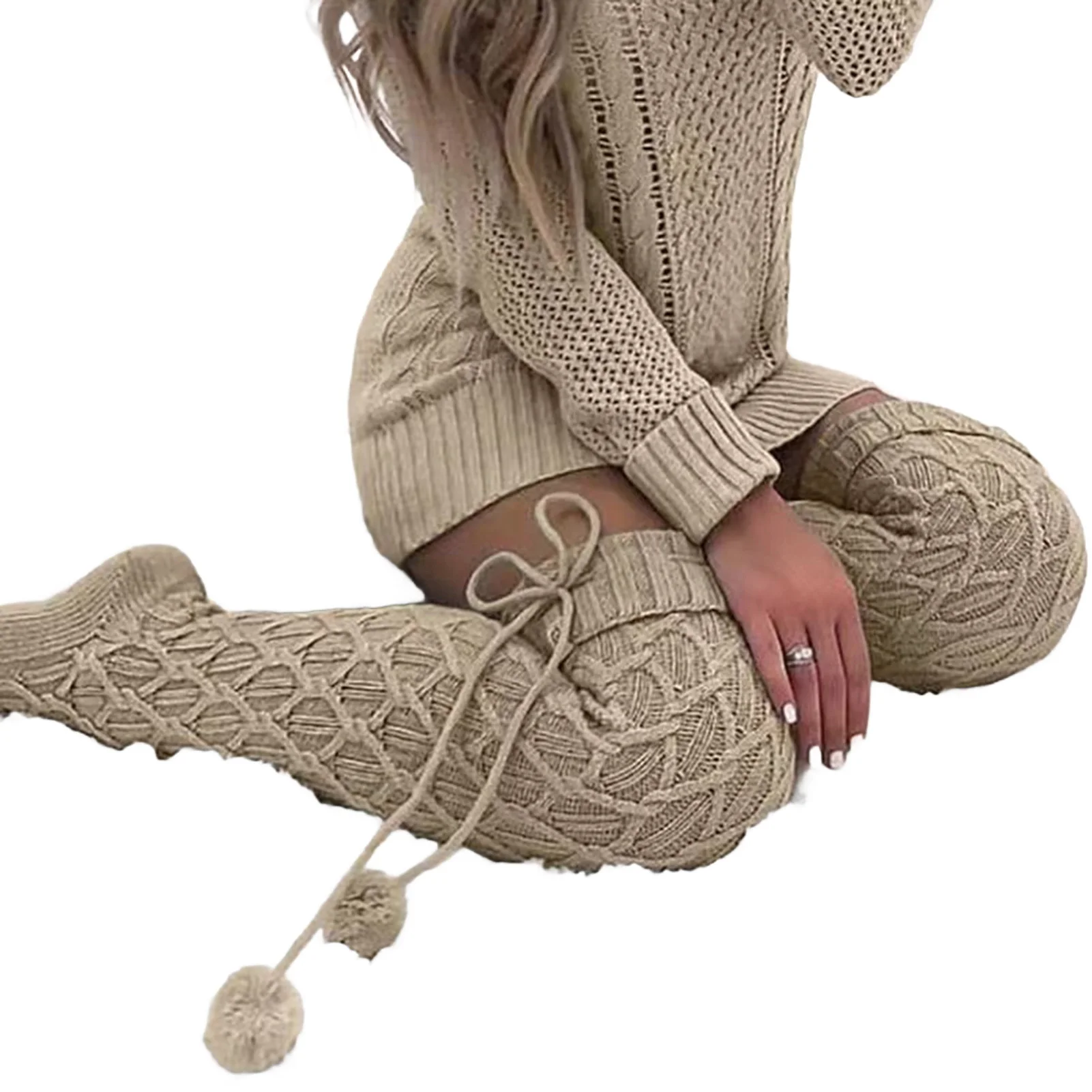 

1 пара гетр, вязаные помпоны на шнуровке выше колена, эластичные, мягкие, сохраняющие тепло, однотонные, осенне-зимние женские ботинки, чулки