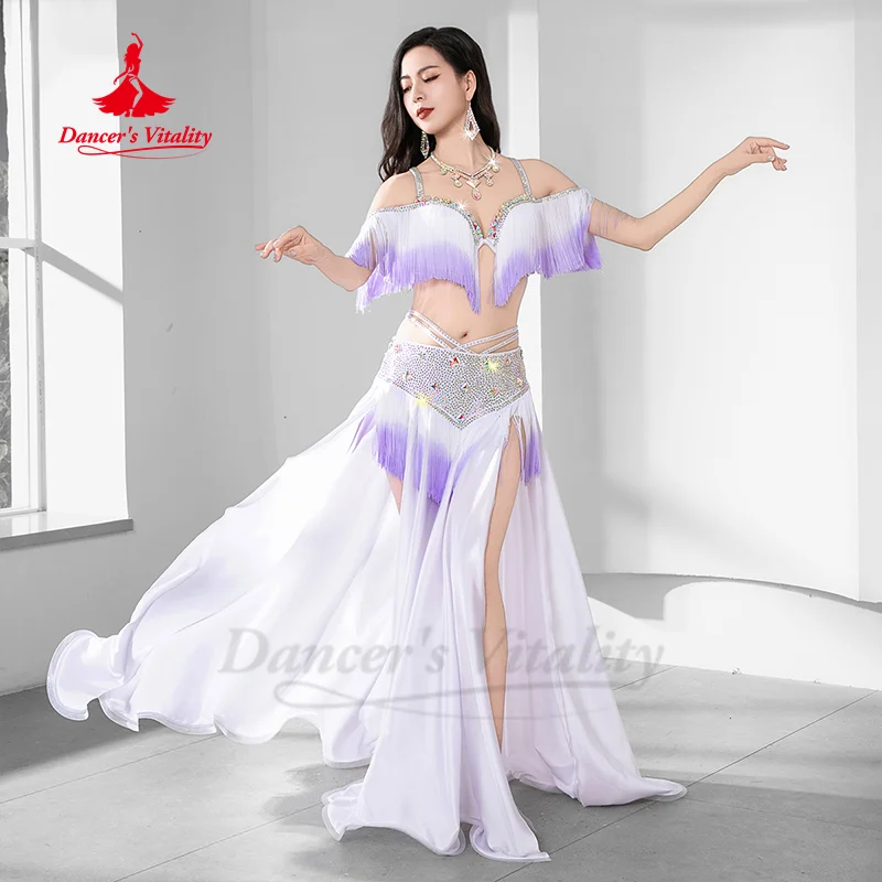 Conjunto de roupas para performance de dança do ventre, sutiã com borla gradiente + saia longa de cetim sexy, 2 peças, trajes de competição de dança oriental