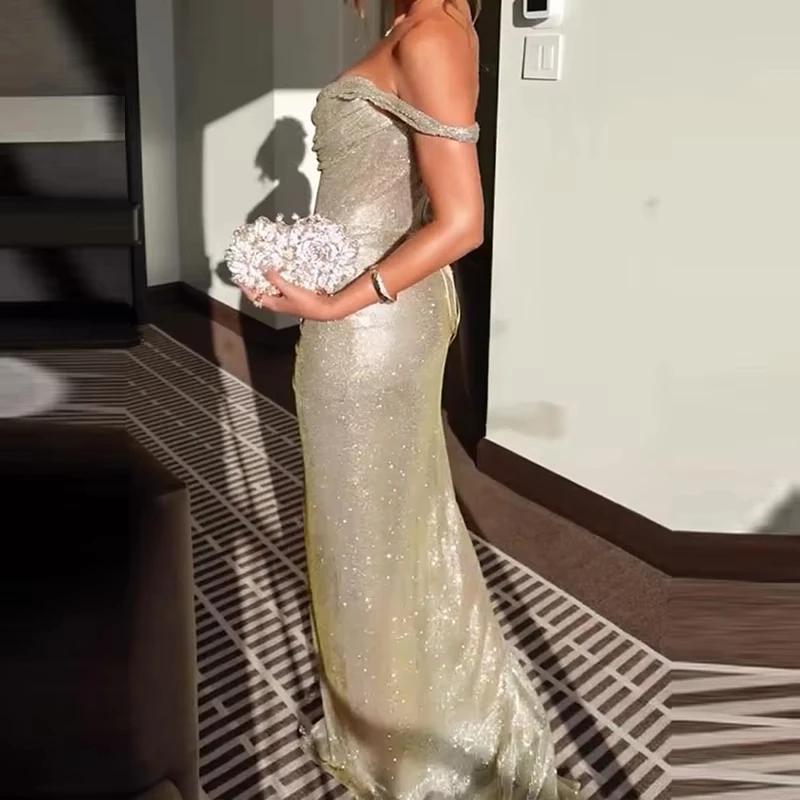 Women Sexy Sliding Shoulder Nightclub Shinny Gowns 2026 Pleated High Split Evening Party Dress Elegant Girdling Gala Dresses