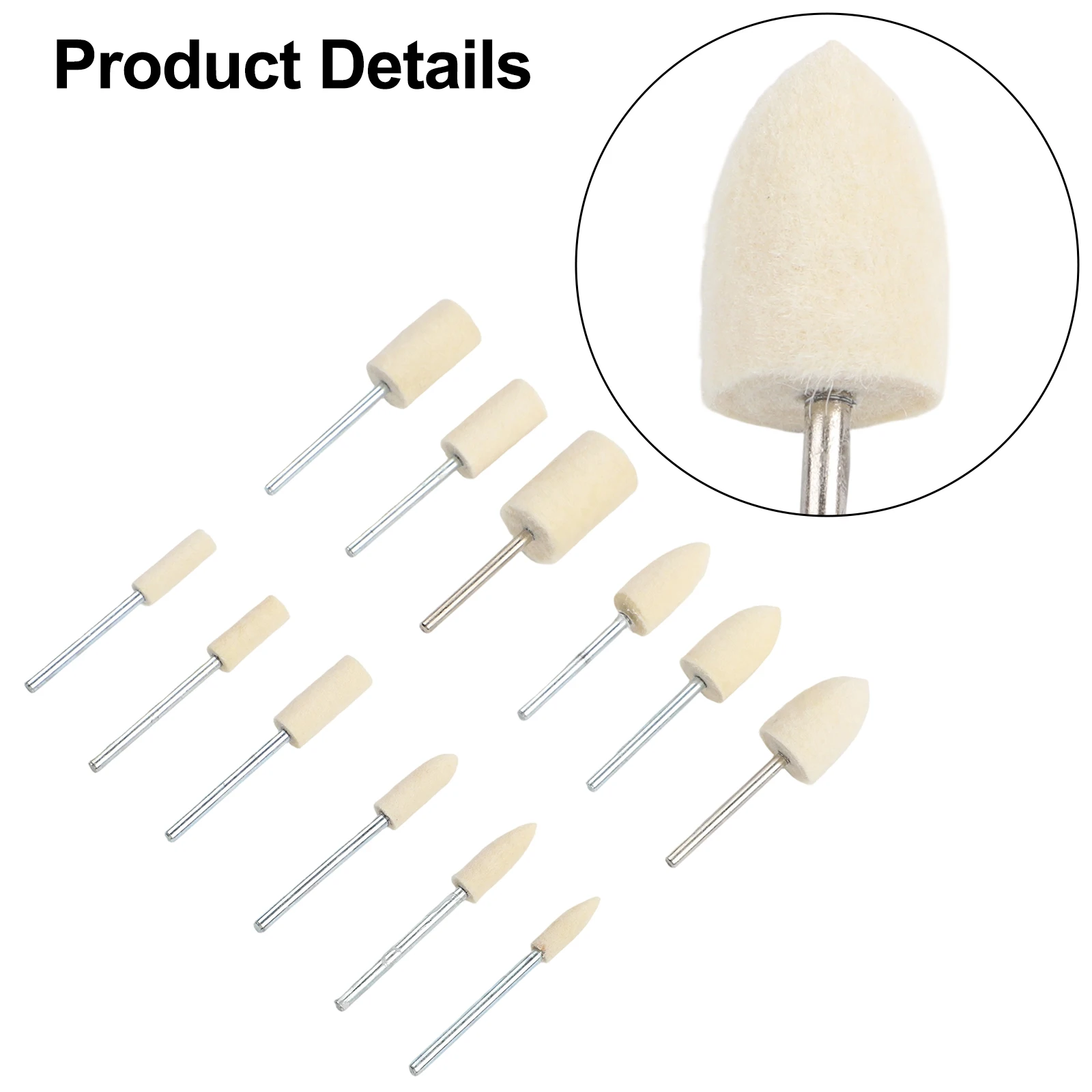 Rotary Tool Wool Polishing Head Set with 12 Pieces and 2.35 mm Shank for Use on Metal Glass Jade and Similar Surfaces