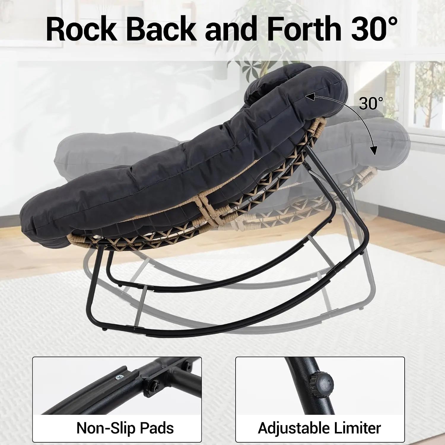 Set of 2 Upholstered Rocking Chair, Oversized Wicker Egg Rocker with Thick Cushion and Head Pillow, Modern High Back Armchair - view 4
