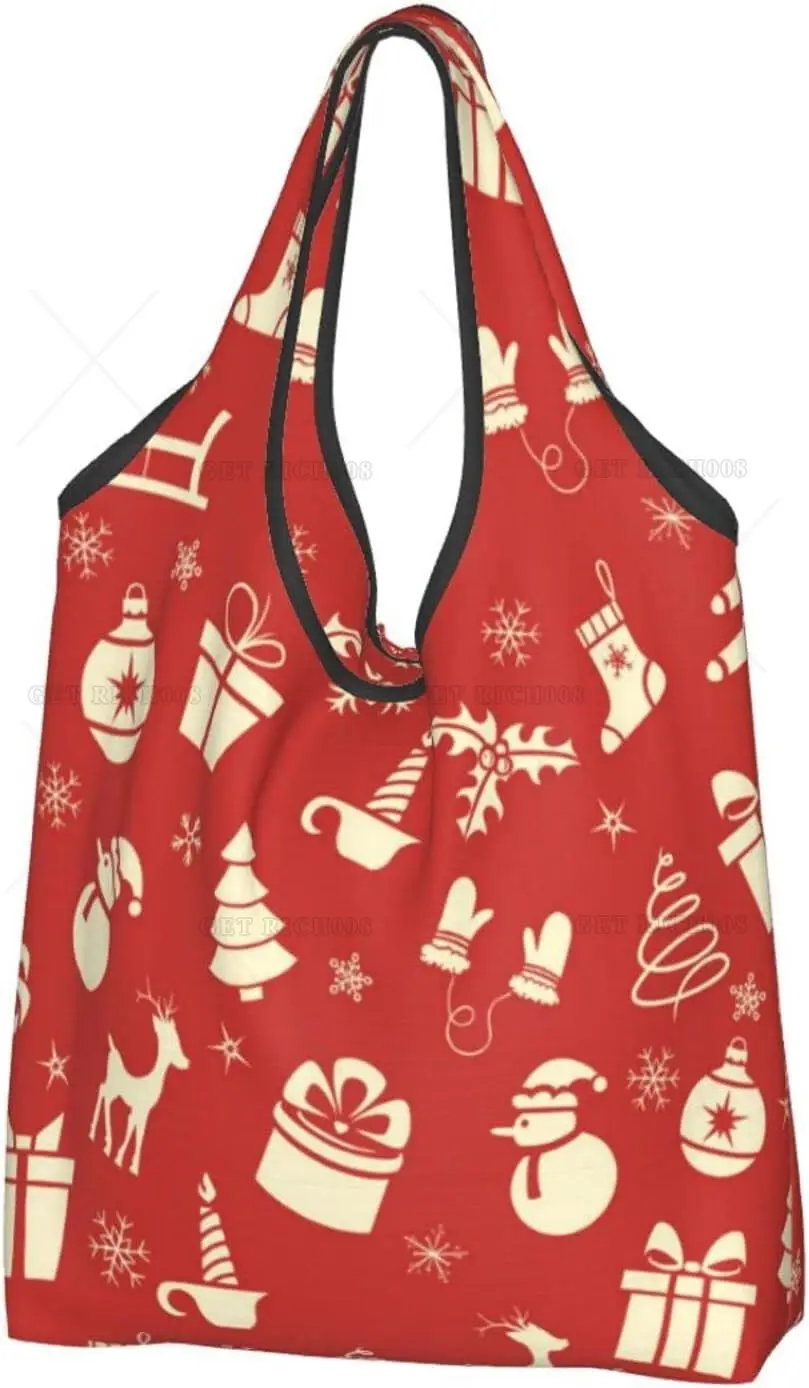 Red Snowman Deer Christmas Tree Design Reusable Grocery Bags Shopping Totes Foldable Washable Pouch Handbag Storage Bag