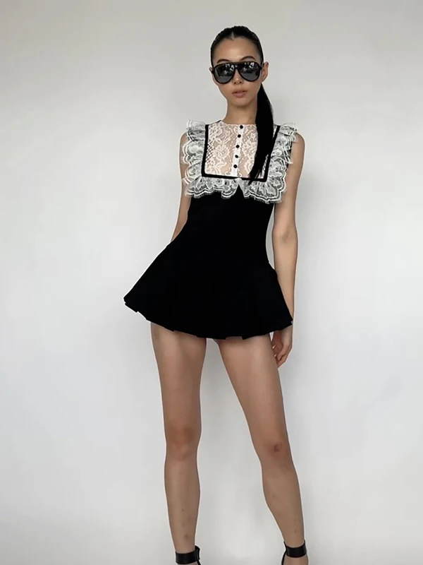 

WEIRD PUSS Ретро колледж Sle Кружева Splicing Svel Dr Женская юбка трапециевидной формы с затягивающей талией Spicy Girl с высокой талией Полиэстер...