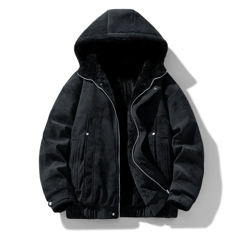 2026 New Men Fleece Hooded Zipper Jacket Winter Fashion Thick Reversible Casual Coat Outdoors Warm Windproof Hoodie Streetwear