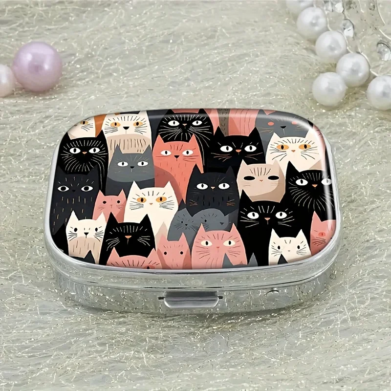 Cute Cat Pattern Medicine Box, Compact Medicine Box, Decorative Rectangular Vitamin Box, Pocket and Wallet Portable, for Travel