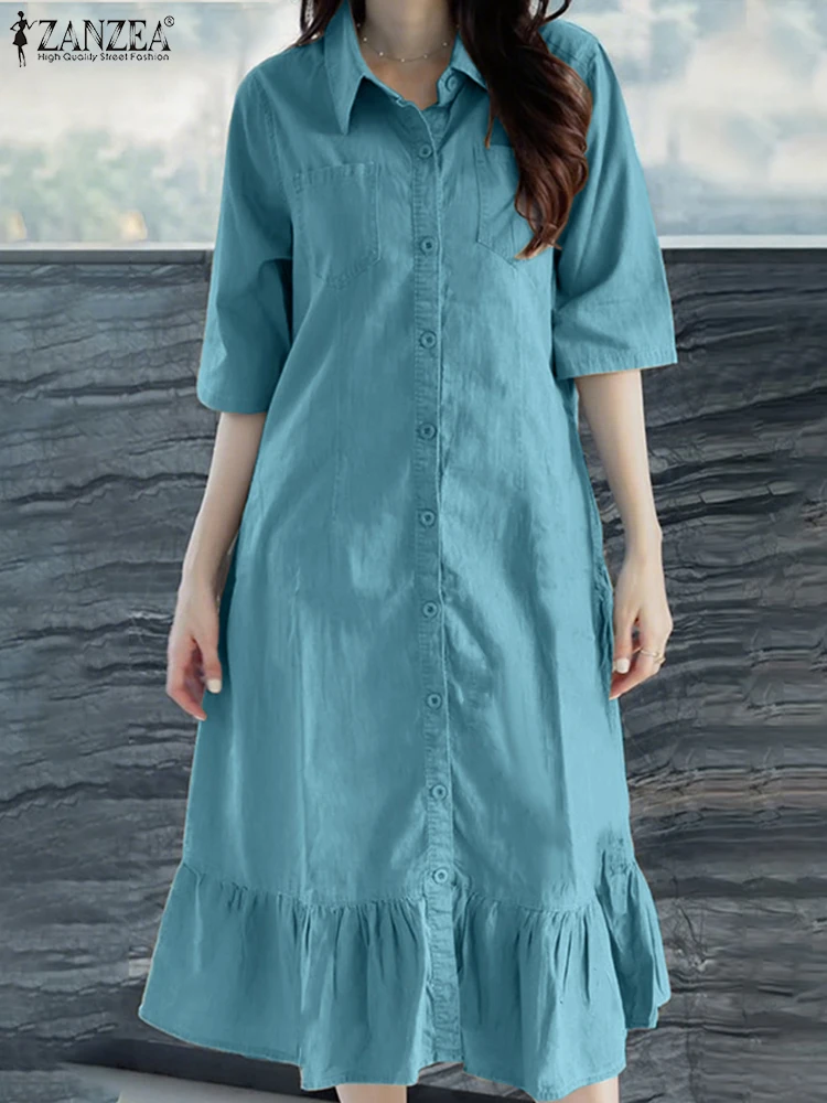 ชุดเดรสยาวทรงเสื้อเชิ้ตผู้หญิง ZANZEA ดีไซน์หรูหรา กระดุมแถวเดียว แฟชั่นจีบระบาย สีพื้น ความยาวปานกลาง รุ่น Vestidos ประจำปี 2025 สำหรับฤดูร้อน แขนสั้น แต่งระบาย