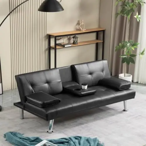 Rozkładana sofa Futon Kanapa do salonu, nowoczesna tapicerowana skóra PU z wyjmowanymi podłokietnikami