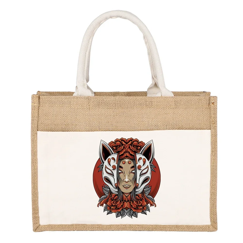 Shopping Bags Reusable Sundries Tote Linen Tote Tote Ecofriendly Supermarket Bag Mask Print Pattern Large Capacity Picnic Bag