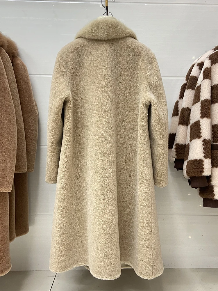 النساء الشتاء الجمل 100% الأغنام الفراء سترة طويلة معطف فرو المنك الحقيقي طوق طويل الصوفية شتاء دافئ ملابس خارجية