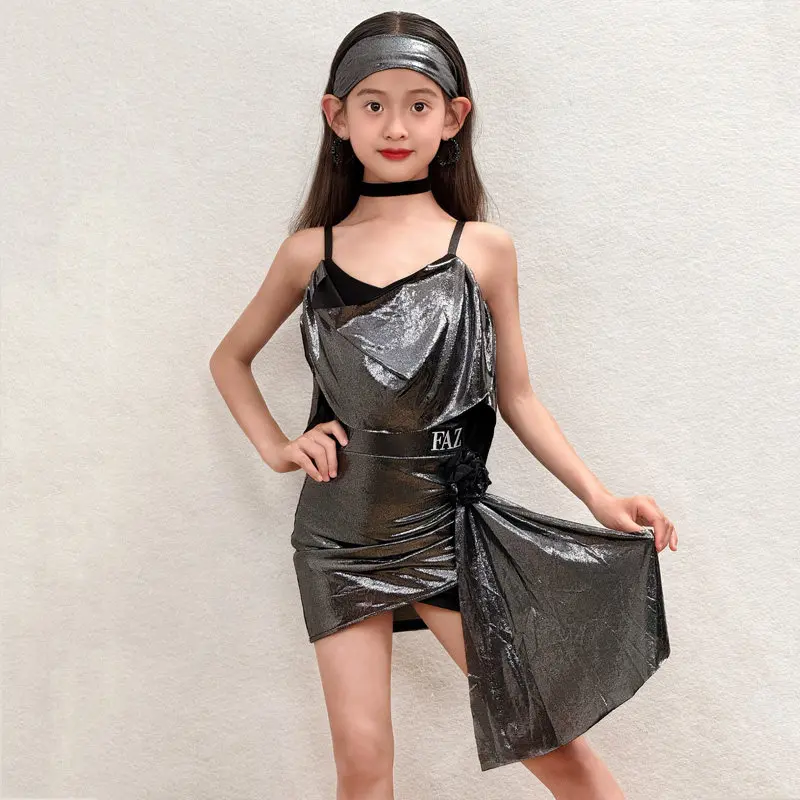 2026 Kids Latin Dance Performance Stage Costumes For Girls Sliver Split Skirts Suit Samba Salsa Dress Latin Dance Wear XH4877