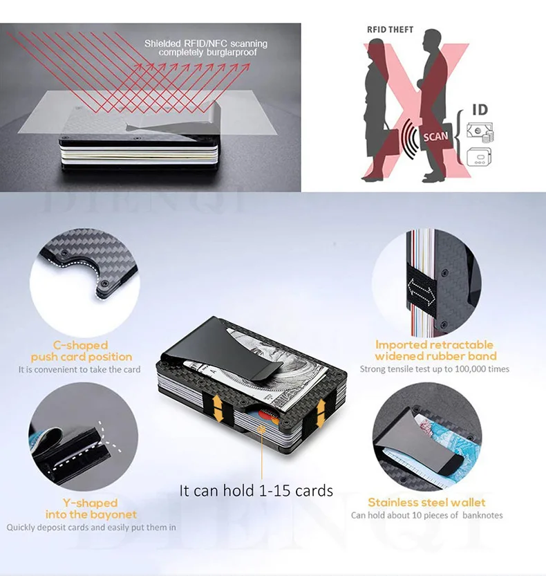 Minimalistische Geldbörse für Herren, Geldscheinklammer-Geldriemen-Geldbörse, RFID-blockierende Metall-Geldbörse, Kartenhalter aus Aluminium (Kohlefaser) – Detail 5