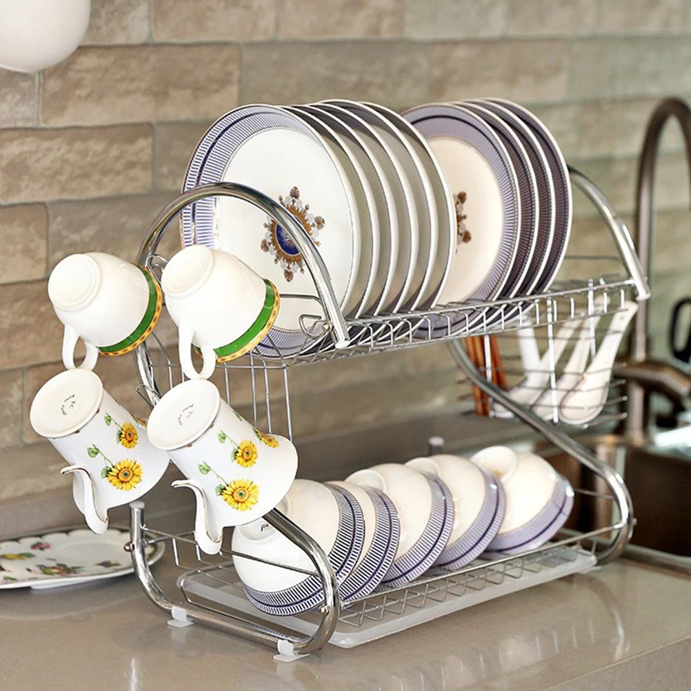 

2-Tier Stainless Steel Dish Rack Dish Drainer Drying Rack Kitchen Organizer Utensil Holder Dish Storage for Home Restaurant