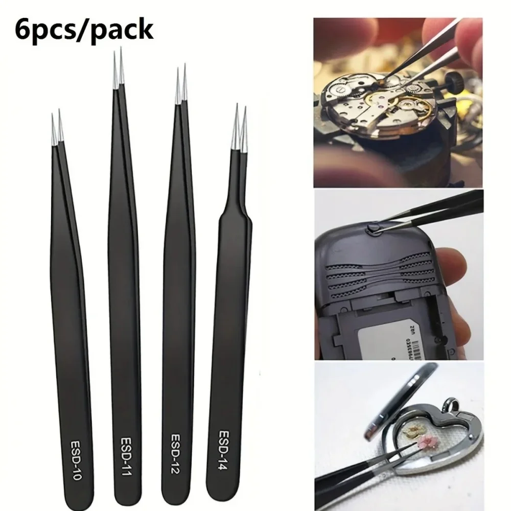 6pcs Stainless Steel Anti-static Precision ESD Tweezer Non-slip Grip Durable Tweezer Tools for Electronics Repair Jewelry Making view 3
