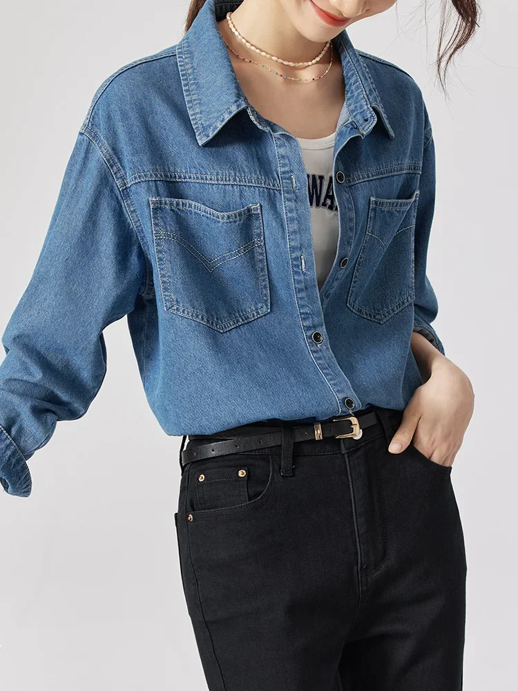 SENTUBILA Vintage Denim Shirts For Women Pockets Long Sleeve Polo Neck Button Down Shirt Blouses Streetwear Tops W31C47612
