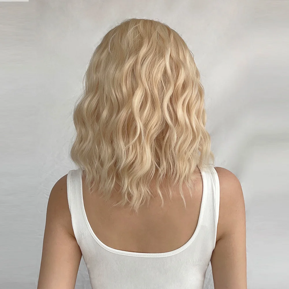 Blonde Short Bobo Synthetic Wavy Wigs Middle Part Platinum Shoulder Length Wigs for Women Natural Cosplay Hair Heat Resistant