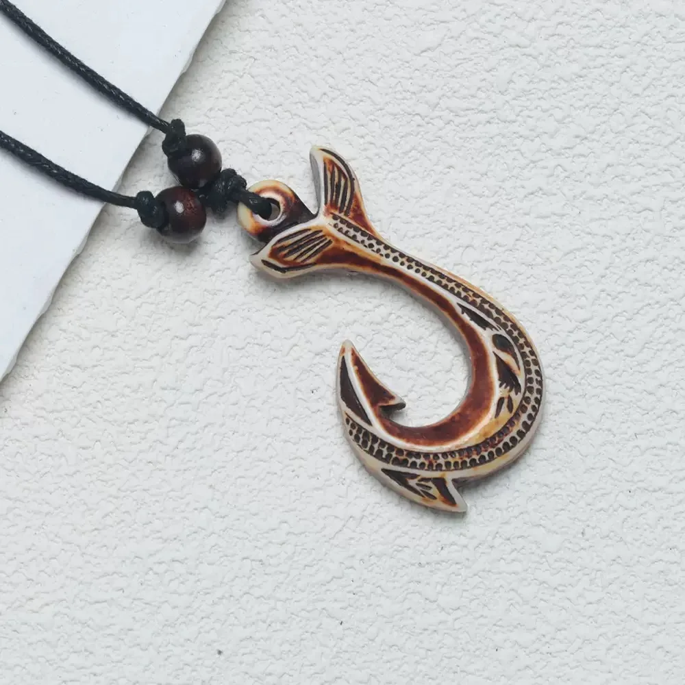 NZ Maori Fish Hook Charm Necklace Adjustable Resin Carved Surfer Jewelry Gift for Women And Men
