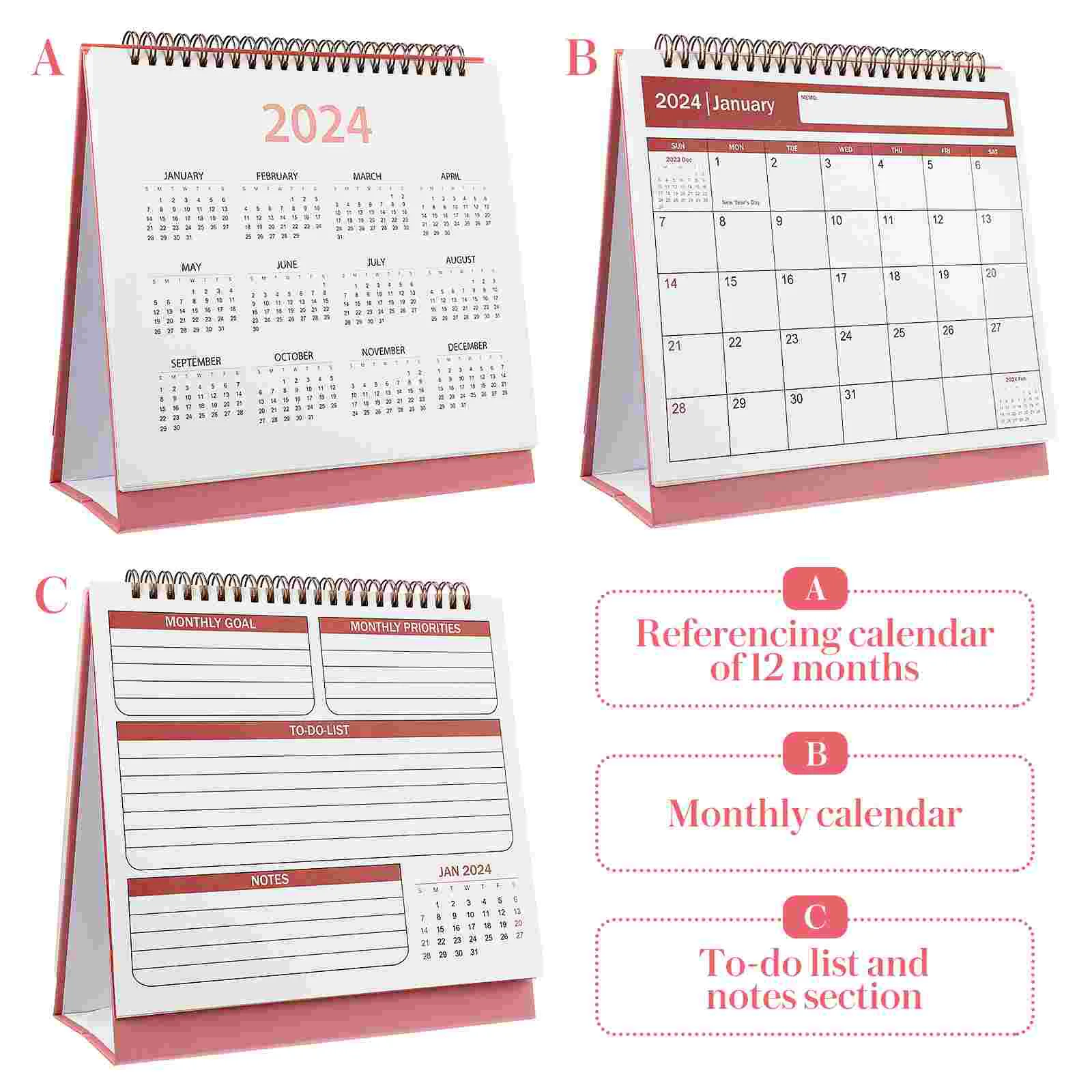 Kalender 2024 (merah muda) Desktop keluarga kecil 10x8 perencana bulan meja kalender Bulanan kantor