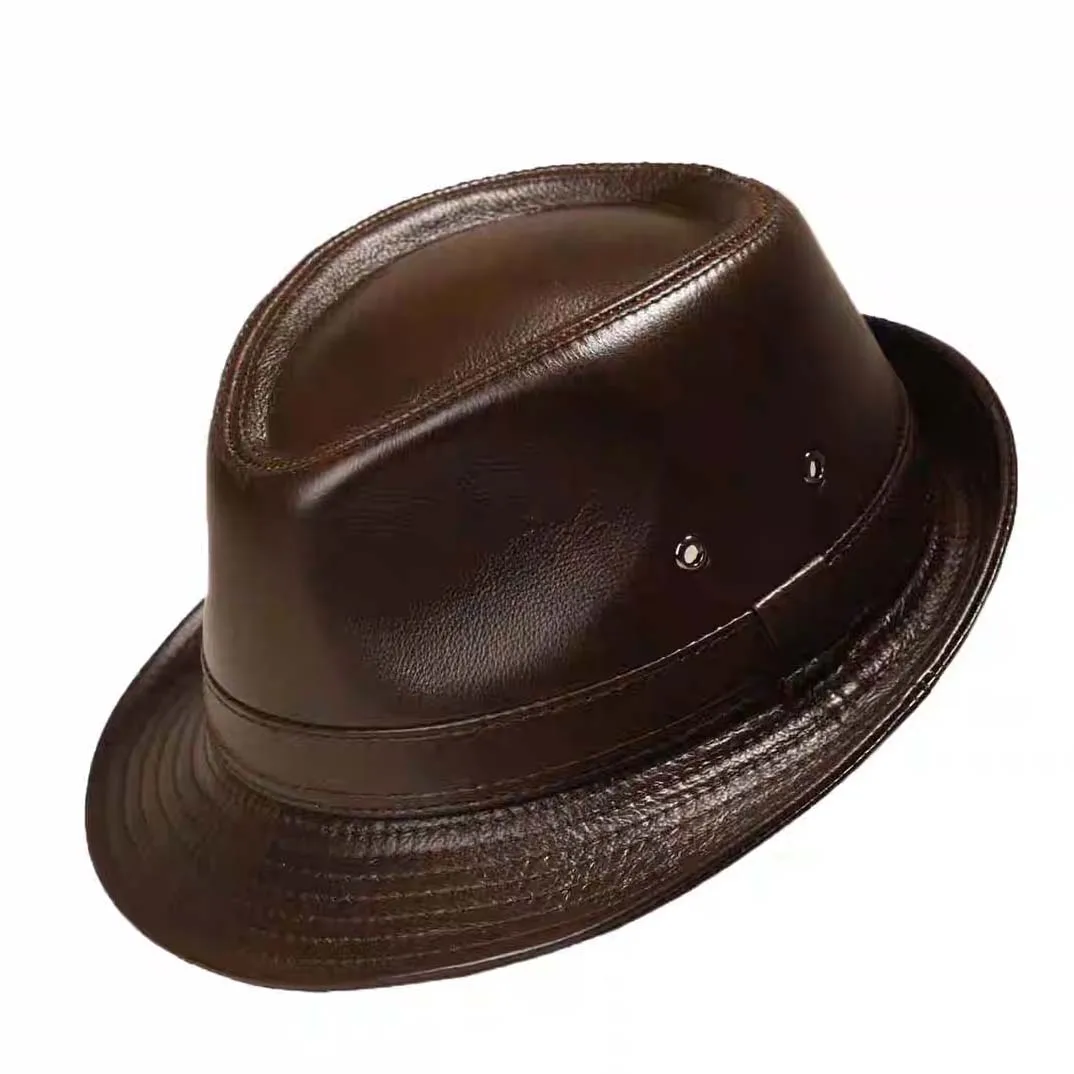 Genuine Leather Cowhide Formal Hat Gentleman Cowhide Short Brim Black/Brown Top Hat Male Shows Gentleman Air Vent Fedora