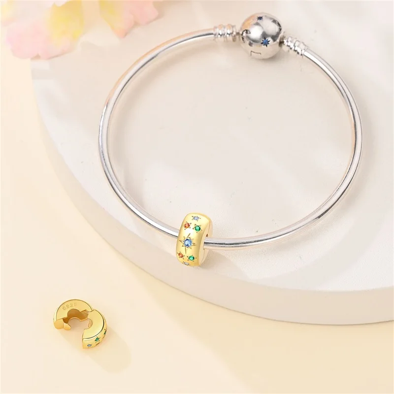 925 فضة سحر الخرز الملونة ستار الذهب مشبك أمان السلامة مشبك ثابت صالح الأصلي سوار DIY النساء المجوهرات #2