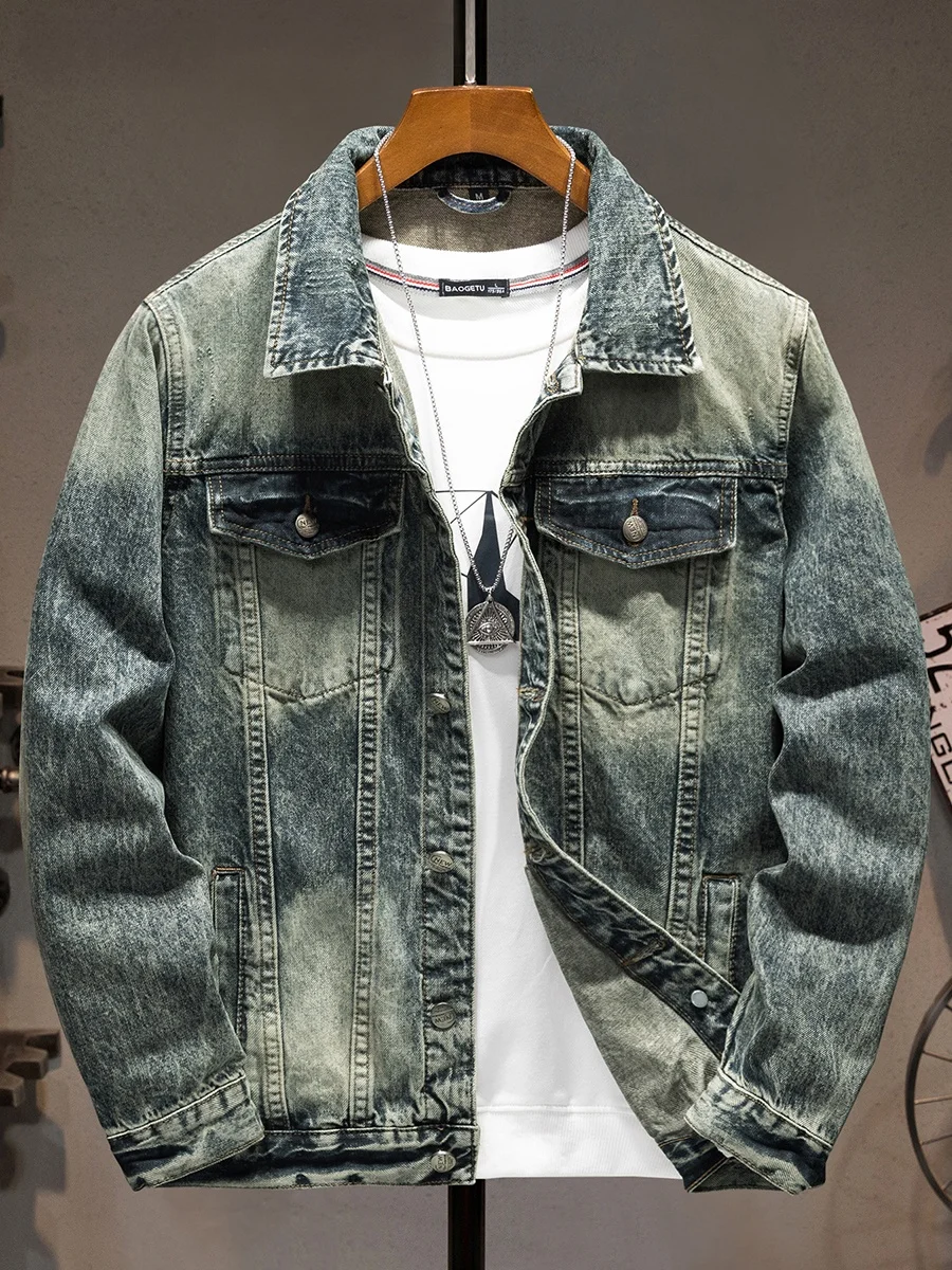 

Heavyweight Trendy Men's Denim Jaet Korean Sle Slim Fit Retro Nostaic Workwear Long Sve Youth Casual Motorcycle Coat