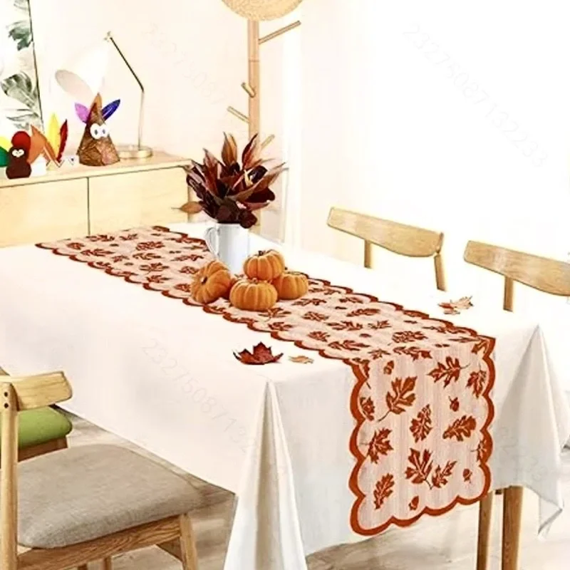 1pc Autumn Maple Leaf Lace Table Runner Brown Wavy Edge Hollow Tablecloth Thanksgiving Home Decor`