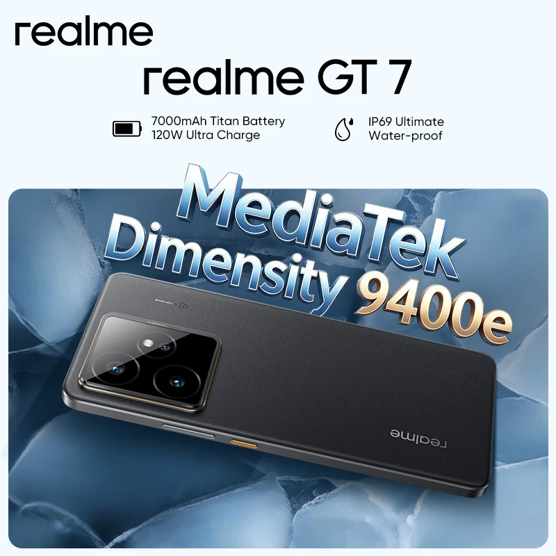 Wersja europejska smartfona realme GT 7 5G z technologią AI, procesorem MTK Dimensity 9400e, wyświetlaczem Pro-Esports o jasności 6000 nitów, baterią 7000 mAh i funkcją Ultra Charge 120 W