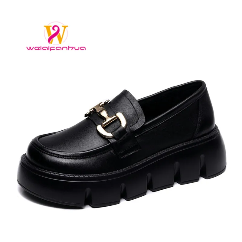 

Loafer Shoes Woman Spring2023New British Style Casual Muffin Bottom Thick Platform Small Leather Shoes Top Cowhide Women's Shoes