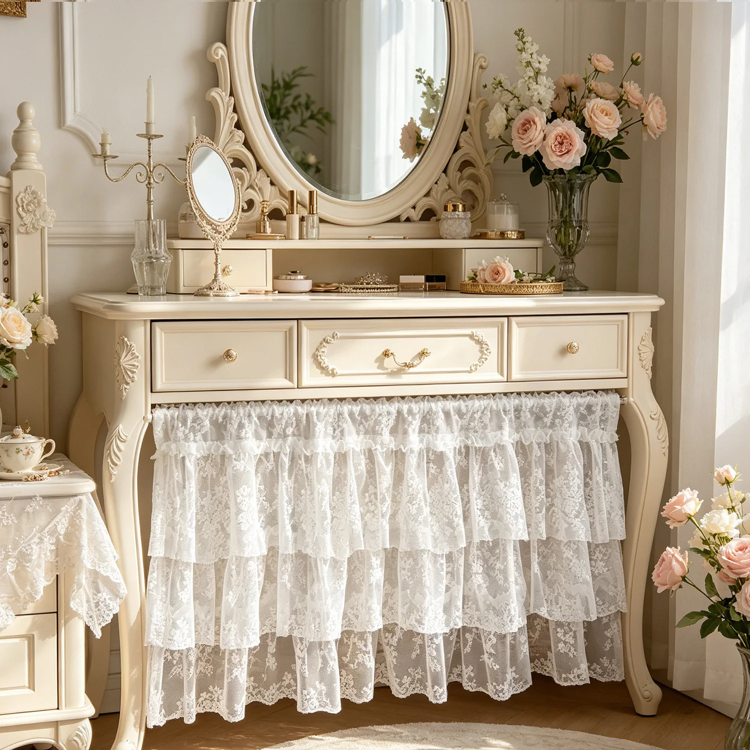 French Country Multi Layer Ruffle Lace Cafe Curtain, Semi Sheer Floral Lace Window Valance for Cabinet Door, Small Window